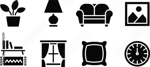 A collection of essential black silhouette icons representing common home interior furniture and decor items