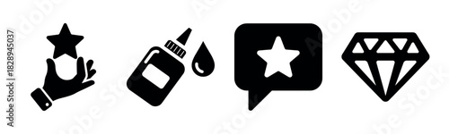 Black silhouette icons: hand with star, glue bottle, speech bubble, diamond