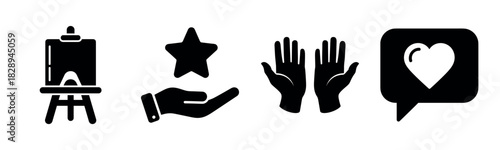 Silhouettes of art, giving, helping hands, and love communication icons
