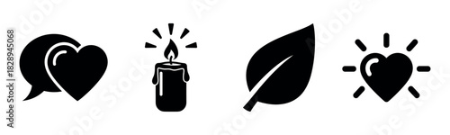 Heart speech bubble candle leaf: symbol icons of communication, peace, nature, love