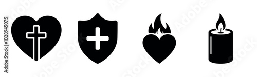 Set of religious symbols: cross, shield, flaming heart, candle icons silhouette