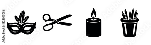 Silhouette icons: mask, scissors, candle, and pens in holder