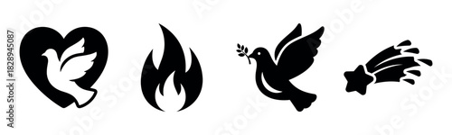 Set of black silhouette icons: dove, flame, peace bird, shooting star