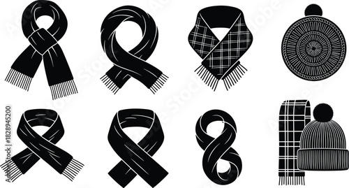 Collection of winter accessories isolated on scarves and hats in various styles, perfect for cold weather fashion and seasonal designs