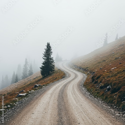 Steep, winding mountain dirt road disappearing into a dense layer of cold white fog and mist, emphasizing the remote isolation and difficult drive ,haze ,journey ,road