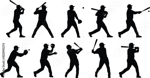 Silhouette of a baseball player in various poses, showcasing different actions such as batting, catching, and throwing, isolated on