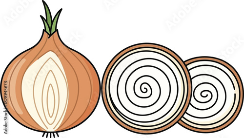 Cartoon Illustration of Sliced Onion with Onion Rings | Simple Vegetable Graphic