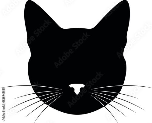 Black cat head silhouette vector icon with detailed white nose and whiskers, perfect for pet shop logo, veterinarian, or animal graphic design.