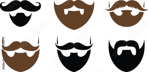 A collection of six distinct mustache and beard styles in black and brown colors on white