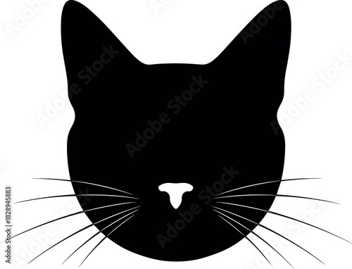 Black cat head silhouette vector icon with detailed white nose and whiskers, perfect for pet shop logo, veterinarian, or animal graphic design.