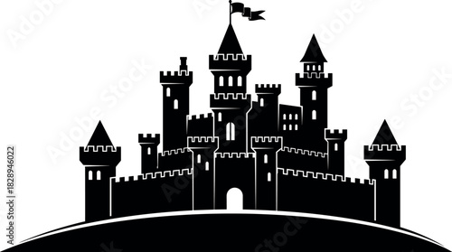 Black silhouette vector of a grand medieval castle with turrets and flag, symbolizing fantasy, royalty, security, history, and fairytale architecture logo.