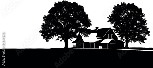 Black silhouette vector of a suburban house with large oak trees on a landscaped yard, symbolizing real estate, home ownership, and countryside living.