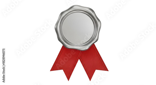 Title: 3D Silver Seal with Red Ribbon, Certificate, Guarantee, and Quality Mark
