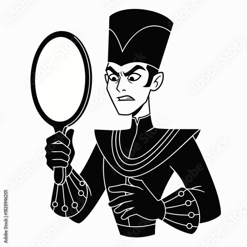 A stern, cartoon-style man in a dark outfit examines his reflection in a handheld mirror, possibly expressing dissatisfaction or contemplation.