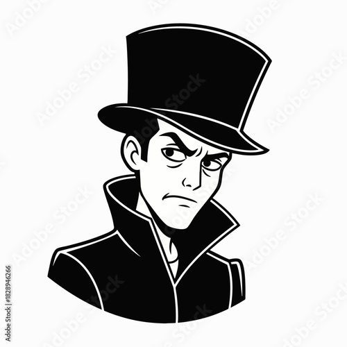 A stern-faced man with a top hat and coat stares intently, rendered in a striking black and white illustration, conveying a sense of mystery.
