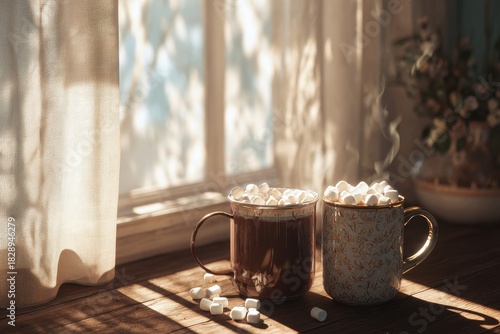 Steaming Hot Chocolate Mugs on a Sun-Drenched Wooden Windowsill.