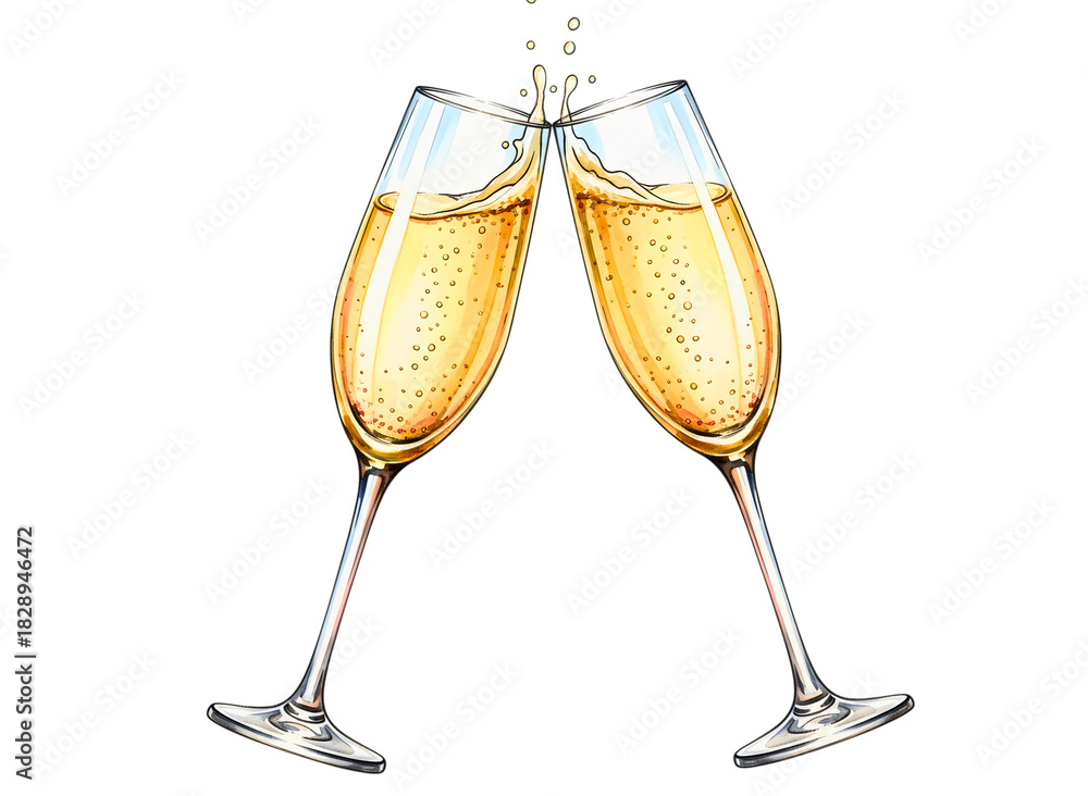Fototapeta premium Two champagne flutes clinking together isolated on transparent background
