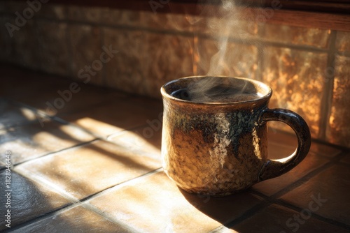 Steaming Rustic Mug Bathed in Warm Morning Sunlight and Dramatic Shadows.