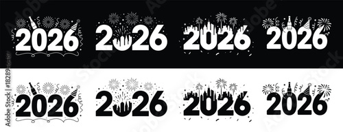 Festive 2026 Typography with Fireworks, City Skyline, and Celebration Elements in Black and White Variants