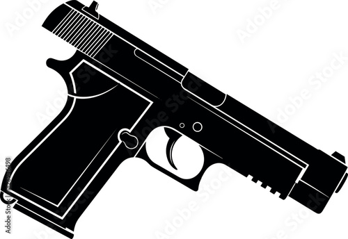 Detailed black handgun silhouette vector, semi-automatic pistol with exposed slide, for crime, security, police, protection, and military graphic design.