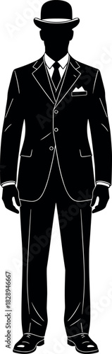 Full-length black silhouette of a stylish man in a suit, tie, and bowler hat, representing business, vintage fashion, gentleman, and classic elegance.