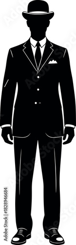Full-length black silhouette of a stylish man in a suit, tie, and bowler hat, representing business, vintage fashion, gentleman, and classic elegance.