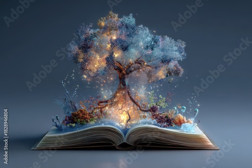 Enchanting Glowing Tree of Light Blossoming from Open Storybook Pages, Dreamlike Fantasy Scene.