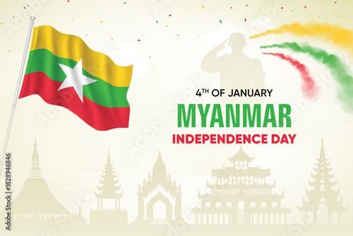 Myanmar Flag Waving With Army Soldier and Air Show On Skyline Background. Independence Day Concept Design Vector Illustration.