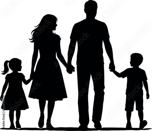 Silhouette of a loving family, father, mother, daughter, and son, walking together hand-in-hand, symbolizing happiness, unity, and parental bond.