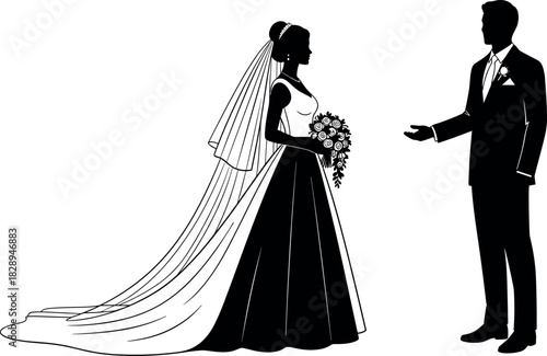 Silhouette of bride in detailed wedding dress and groom in tuxedo, symbolizing marriage, ceremony, love, commitment, and elegant engagement vector graphic.