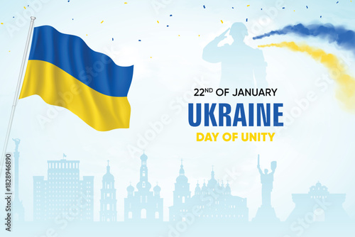 Ukraine Flag Waving With Army Soldier and Air Show On Skyline Background. Day Of Unity Concept Design Vector Illustration.