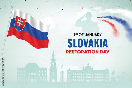Slovakia Flag Waving With Army Soldier and Air Show On Skyline Background. Restoration Day Concept Design Vector Illustration.