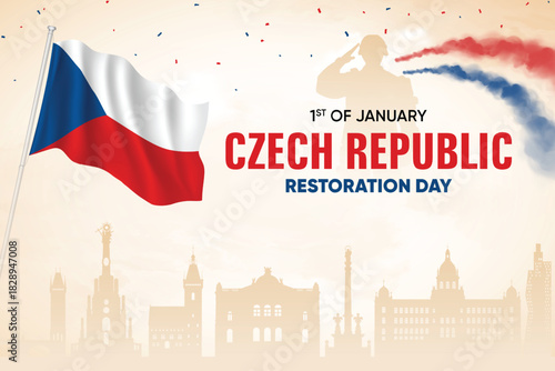 Czech Republic Flag Waving With Army Soldier and Air Show On Skyline Background. Restoration Day Concept Design Vector Illustration.