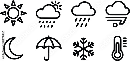 A complete set of outline weather icons showcasing sun, clouds, rain, wind, moon, and temperature