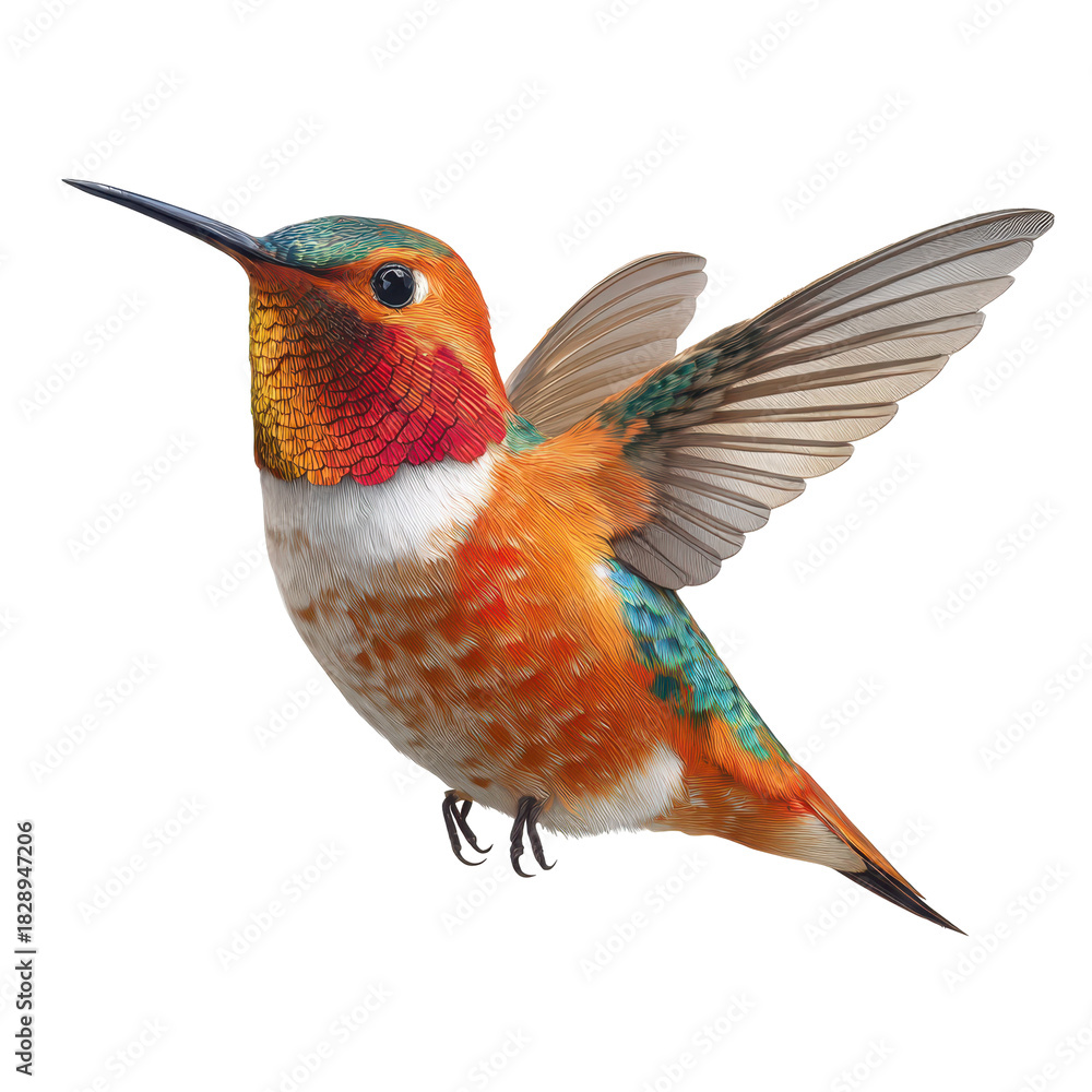 Naklejka premium Colorful hummingbird in mid-flight showcasing vibrant feathers and intricate wing patterns in a natural setting during daylight hours