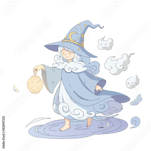 Young Child Wizard Character In A Blue Robe And Hat Holding A Lantern Surrounded By Magical Creatures And Smoke Effects Against A Black Background