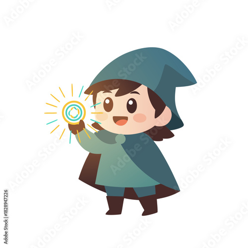Young Girl Bard Flat Design Character Holding Magical Orb Wearing Feathered Hat And Cape Smiling Joyfully With Glowing Aura And Sparkles