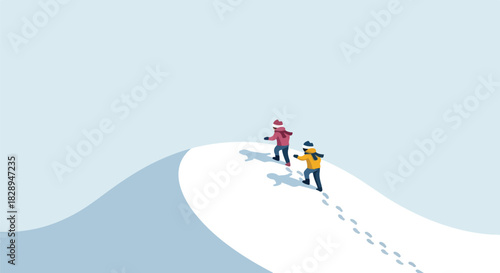 Winter adventure Two people climbing a snowy hill, leaving footprints in the fresh powder