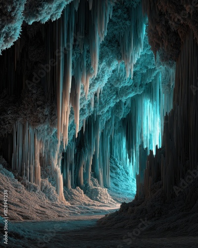Ethereal Ice Cave - Turquoise Glow Illuminating Frozen Stalactites and Textured Rock Formations.