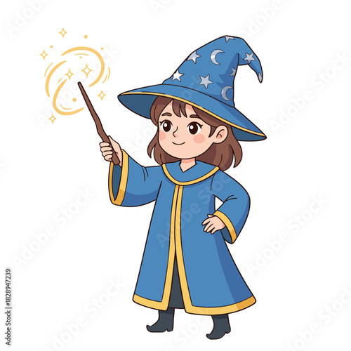 Young Girl Dressed As A Witch Casting A Spell With A Magic Wand Holding A Staff In A Forest Setting