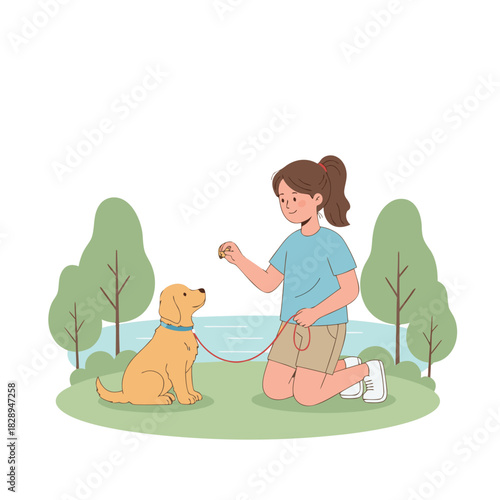 Young Girl Teaching Golden Retriever Dog Training Obedience in a Park with Trees and Water Background Flat Design Style