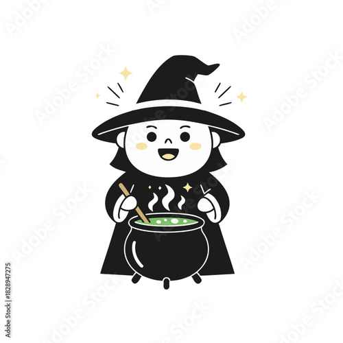 Young Girl Wizard Conjuring Magical Potion In Cauldron Wearing Pointed Hat And Cloak Against Black Background with Glowing Sigils and Stars