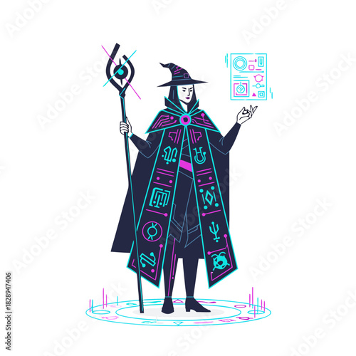 Wizard Casting Spell With Magical Orb and Glowing Symbols on Dark Background Flat Cartoon Vector Illustration