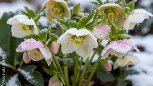 Frosted Hellebore flowers blooming in winter snow, detailed view of frozen Christmas Rose or Lenten Rose petals in a garden