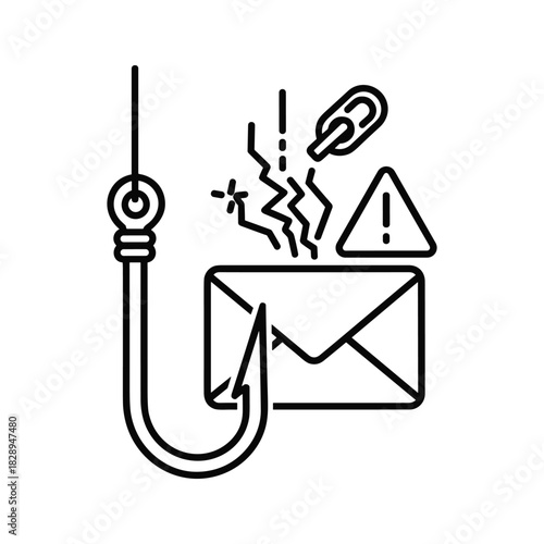 Phishing email icon with hook, warning sign, and link for cyber threat