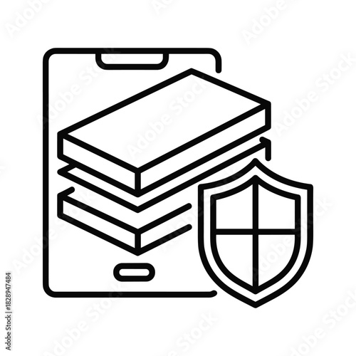 Mobile data protection icon with stack of information and shield
