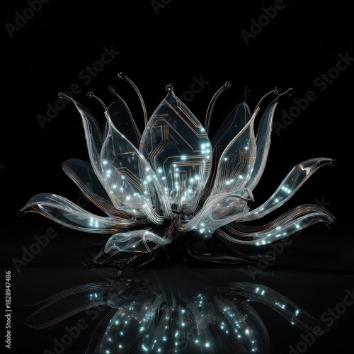 Ethereal Lotus Flower Illuminated by Sparkling LED Lights Against a Dark Background with Reflection.