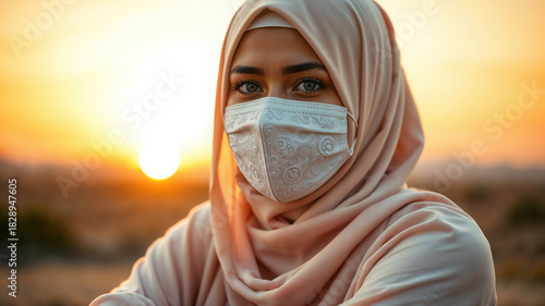 Portrait of a Woman in Hijab and Mask at Sunset