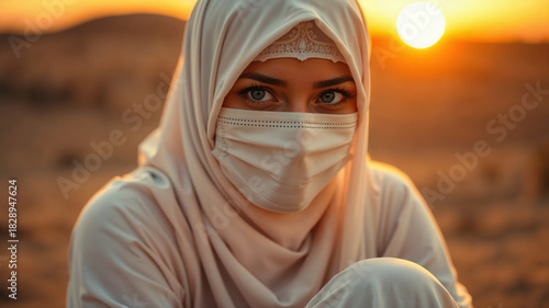 Portrait of a Woman in Hijab and Mask at Sunset