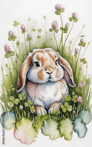 bunny amongst spring flowers and greenery watercolor art Adorable lop eared